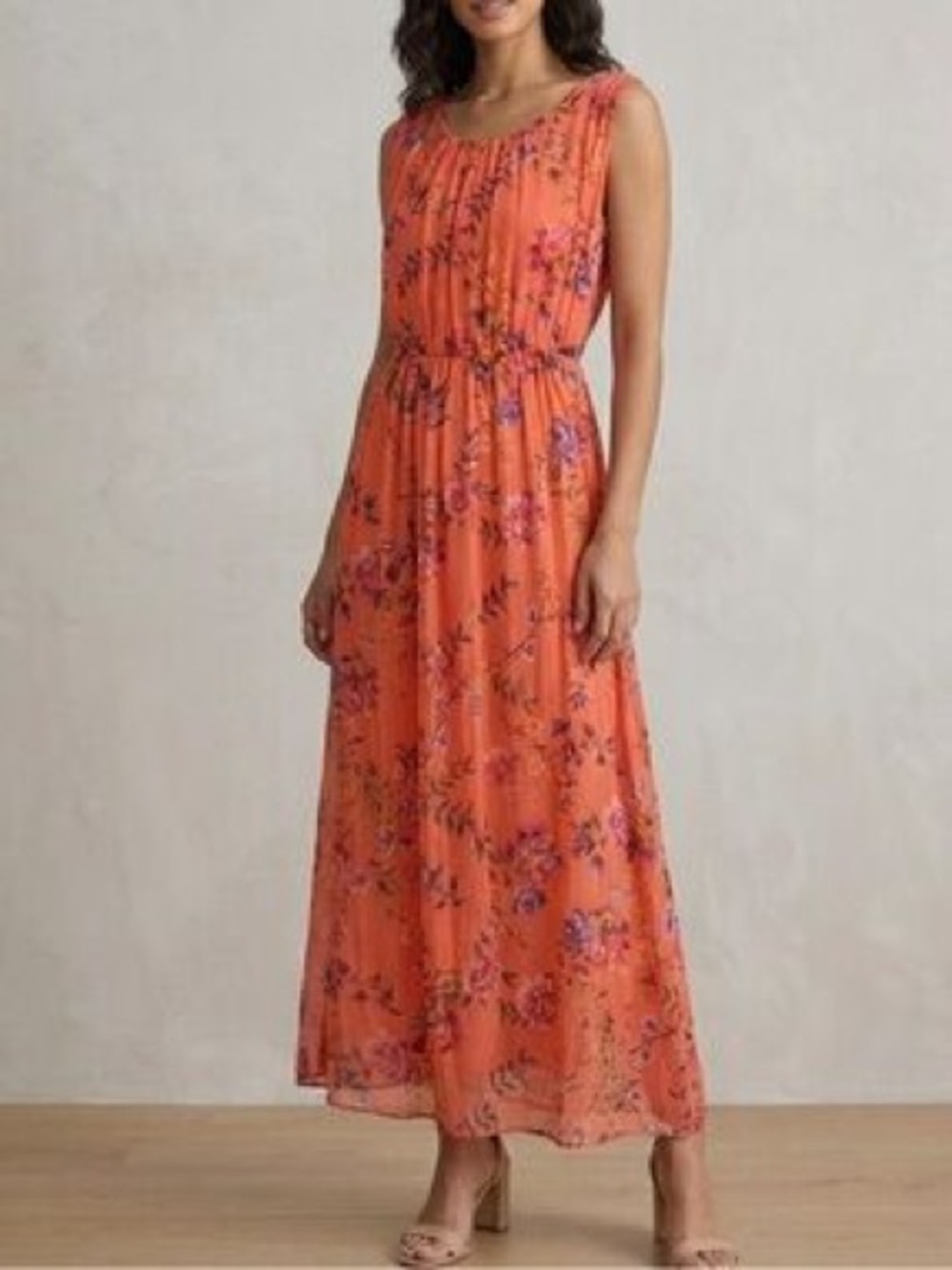 Bellambia Italy Silk Coral Pink Floral Sleeveless Maxi Dress Size Medium
